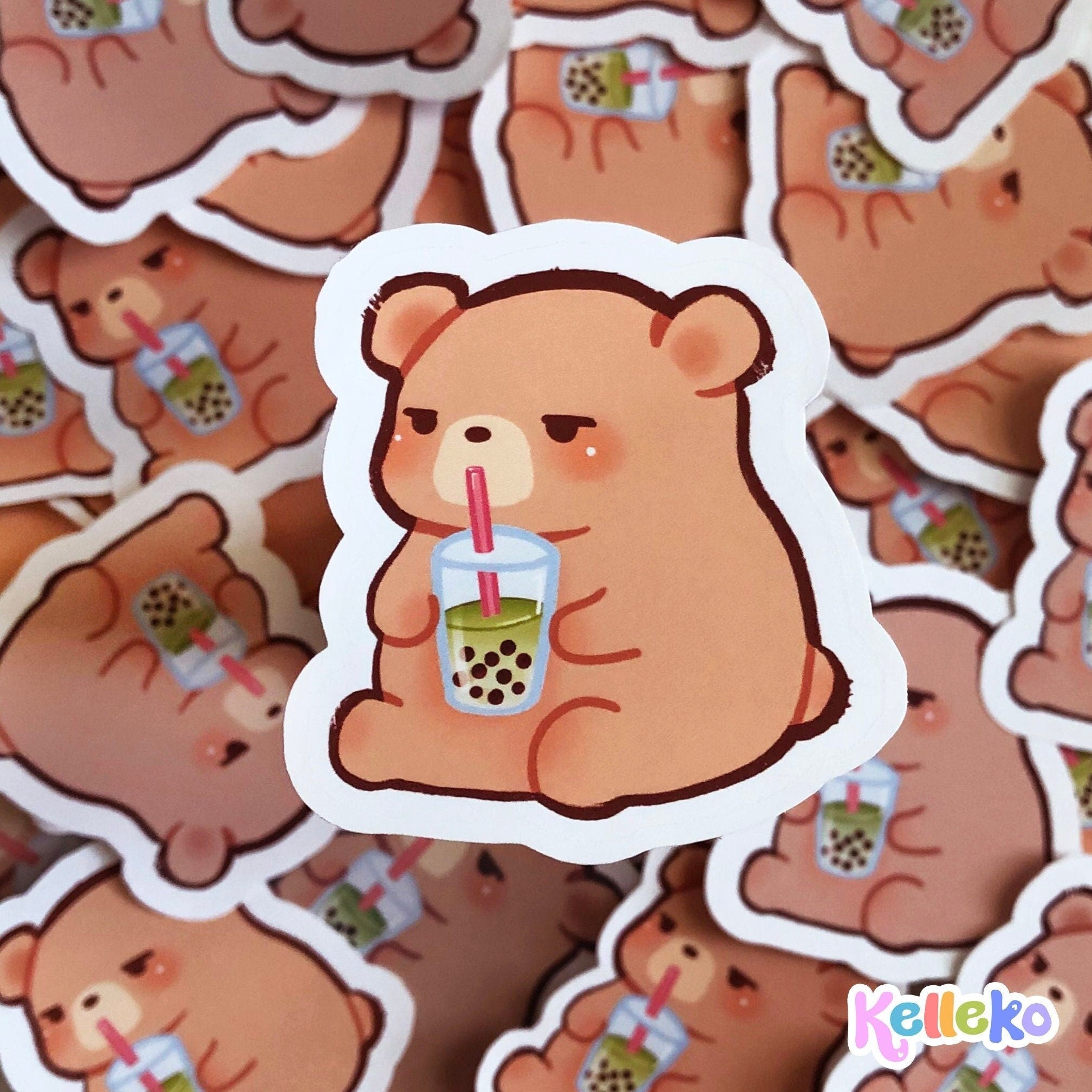 Cute Boba Bear Matte Sticker - Matcha Milk Tea, Weatherproof