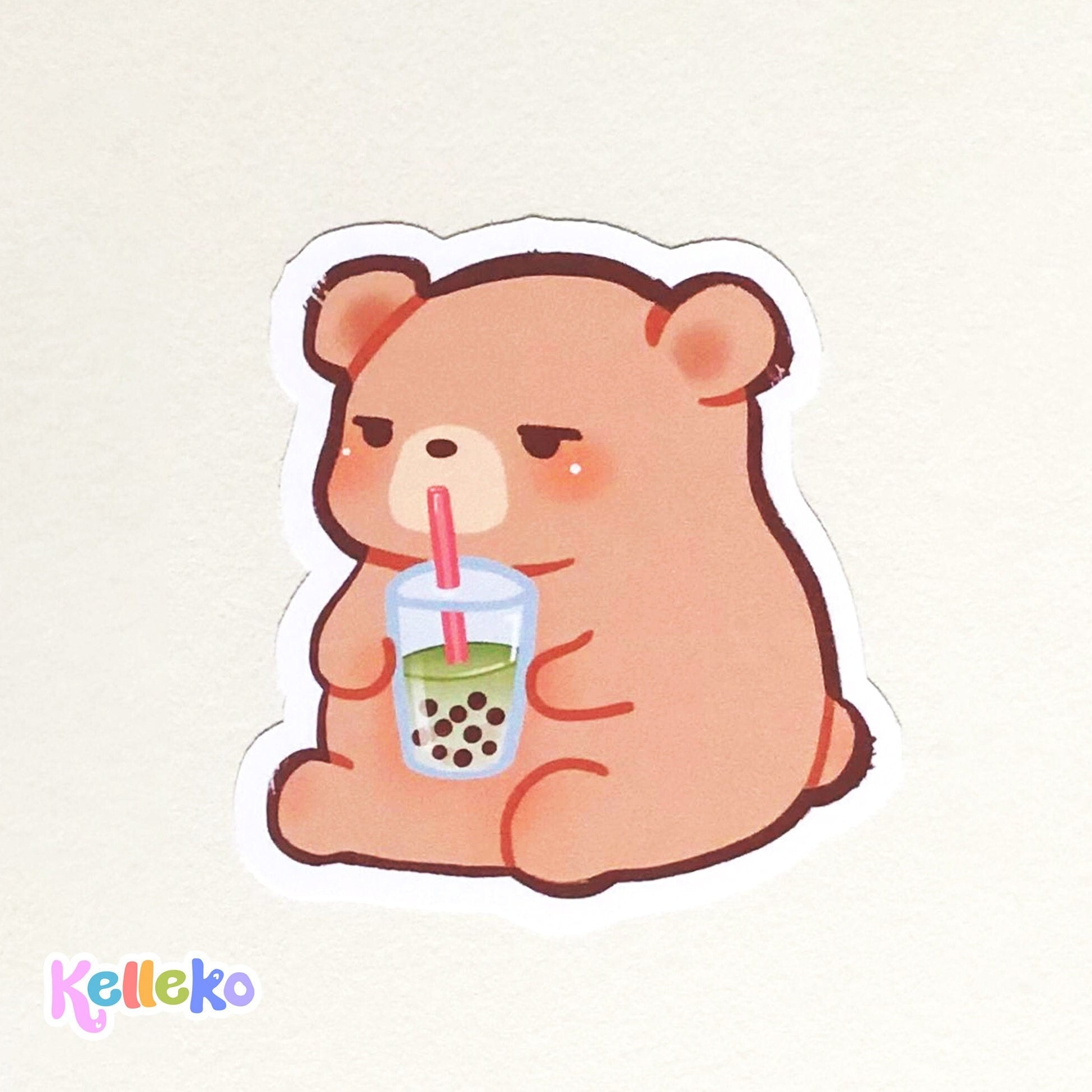 Cute Boba Bear Matte Sticker - Matcha Milk Tea, Weatherproof