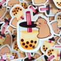 Cute Bear Hugging Boba Cup Sticker - Weatherproof Matte